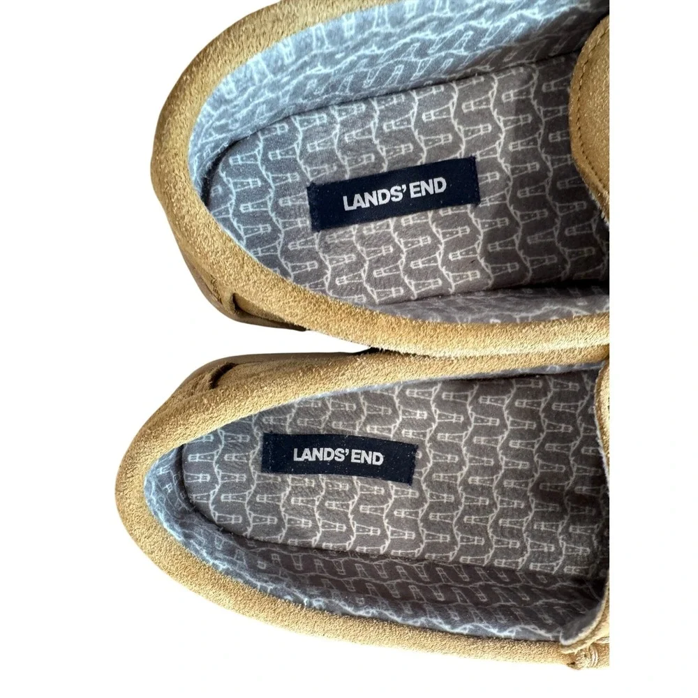 Lands' End Moccasin Slippers Mens 11 Tan Suede Whipstitch Indoor Outdoor